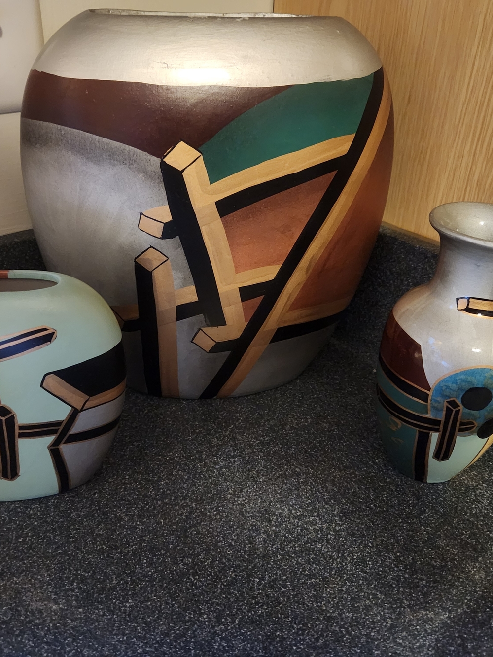 Hand-Painted Geometric Ceramic Vase - Teal, Copper, Black 3 Piece Set